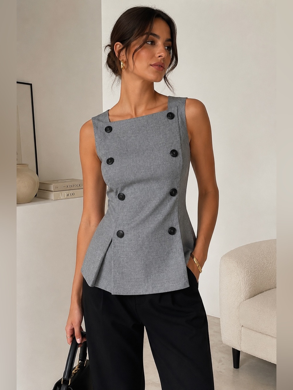 Zara New With Tags Gray Tailored Button Front Blouse M